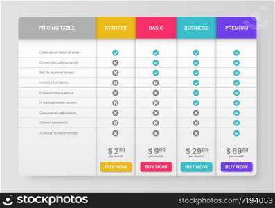 Pricing tab. Comparison pricing list, services cost table. Menu planning compare products with tariff plans in column infographics vector template. Pricing tab. Comparison pricing list, services cost table. Menu planning compare products tariff plans infographics vector template