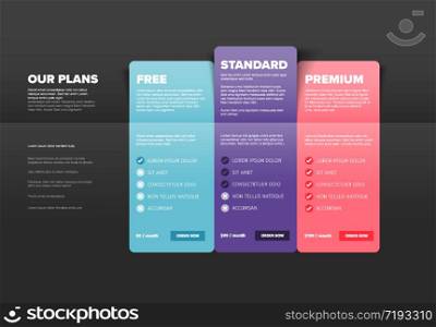 Pricing table light template with three options - color version on dark background