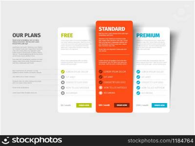 Pricing table light template with three options. Pricing table light template