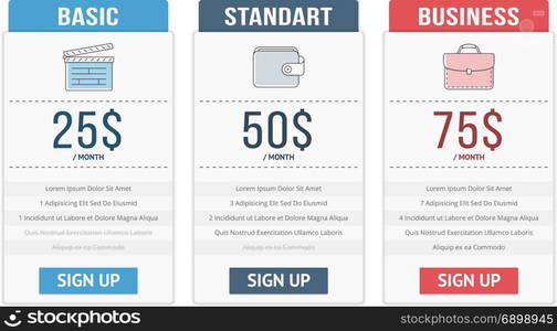 Pricing Table. Pricing table template with three plans for websites, vector eps10 illustration