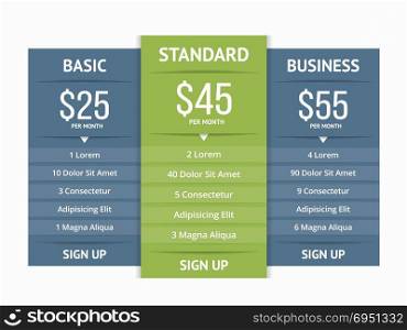 Pricing Table. Pricing table template with three plans for websites, vector eps10 illustration