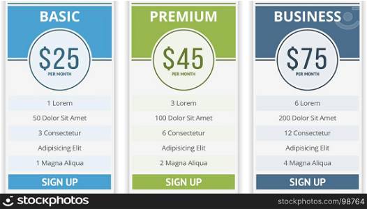 Pricing Table. Pricing table template with three plans for websites, vector eps10 illustration