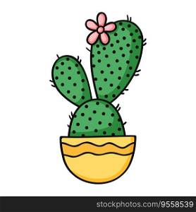 Prickly pear cactus with pink flowers in yellow pot. Cartoon isolated vector illustration on white background