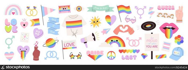 Pride gay lgbt community stickers. Trans-gay badges, hippie 80s style elements. Rainbow retro love design. Groovy racy queer vector patches set of lgbt trans pride icons rainbow. Pride gay lgbt community stickers. Trans-gay badges, hippie 80s style elements. Rainbow retro love design. Groovy racy queer vector patches set