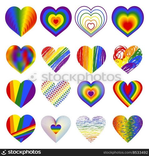Pride LGBT heart vector icon set, A set of rainbow heart.  Flat design signs isolated on white background