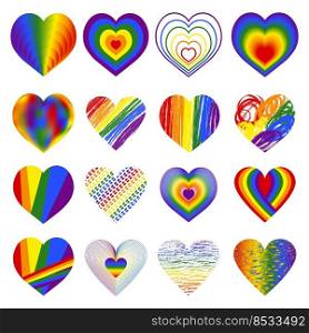 Pride LGBT heart vector icon set, A set of rainbow heart.  Flat design signs isolated on white background