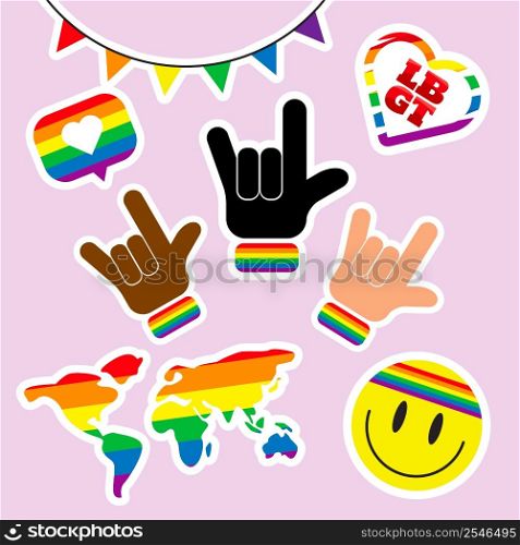 Pride LGBTQ sticker set, symbols set in rainbow colors, Pride Flag, Heart, Peace, Rainbow, Love, Freedom Symbols. Gay Pride Month. Flat design signs isolated