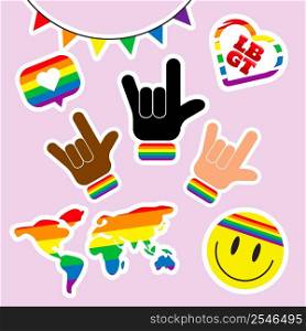 Pride LGBTQ sticker set, symbols set in rainbow colors, Pride Flag, Heart, Peace, Rainbow, Love, Freedom Symbols. Gay Pride Month. Flat design signs isolated