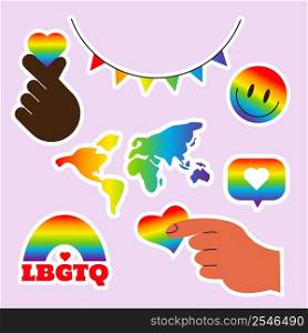 Pride LGBTQ sticker set, symbols set in rainbow , gradient color, ride Flag, Heart, Peace, Rainbow, Love, Freedom Symbols. Gay Pride Month. Flat design signs isolated