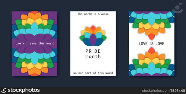 Pride month cards with creative 3D decor. Beautiful composition from cutpaper leaves. Colors LGBT movement. Love is love. Vector graphics. Pride month cards with creative 3D decor. Beautiful composition from cutpaper leaves. Colors LGBT movement. Love is love. Vector template