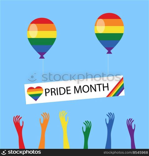 Pride Month Design Elements. Colorful Balioon Set with LGBT Colors on Blue Background. Rainbow Stripe Line. LGBTQ Concept.. Pride Month Design Elements. Colorful Balloon Set with LGBT Colors. Rainbow Stripe Line. LGBTQ Concept