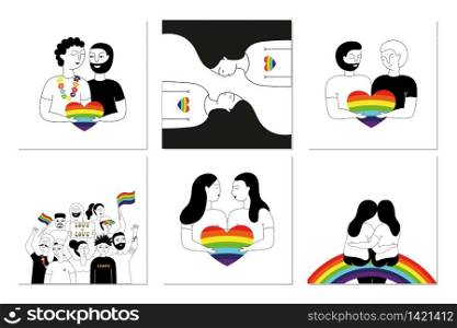 Pride parade. A collection of posters with people of gay, lesbian, bisexual, transgender. LGBT community. LGBTQ. Doodle vector illustrations