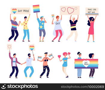 Pride parade. Lgbt people with rainbow flags, gays and lesbians walking on demonstration. Lgbt rights festival vector concept. Illustration pride lgbt lesbian parade. Pride parade. Lgbt people with rainbow flags, gays and lesbians walking on demonstration. Lgbt rights festival vector concept