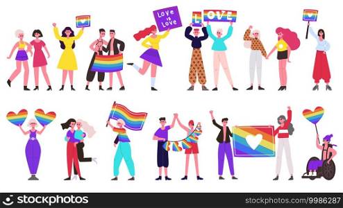 Pride parade. Lgbtq community movement, lesbian, gay, bisexual and transgender people group with rainbow flags and hearts. Love parade vector illustration set. Lgbtq rainbow freedom parade for rights. Pride parade. Lgbtq community movement, lesbian, gay, bisexual and transgender people group with rainbow flags and hearts. Love parade vector illustration set