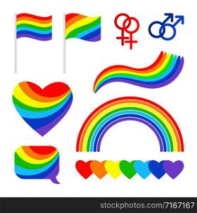 Pride signs. Proud couple lgbt rights symbols, rainbow homosexual parade and festival flag and icons isolated on white background, vector illustration. Pride signs, lgbt rights symbols