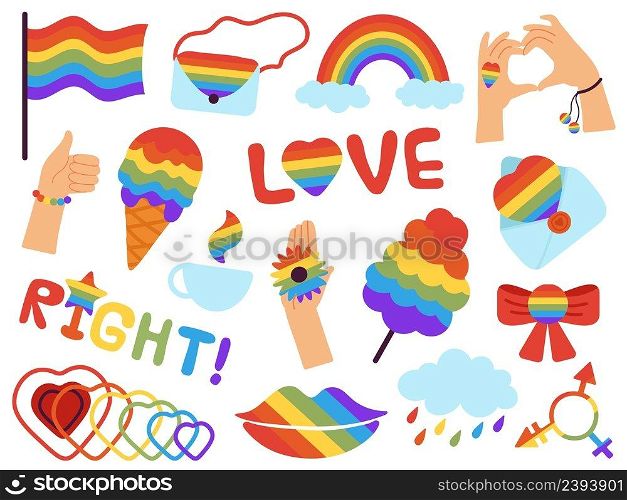 Pride stickers. Lgbt badges, lgbtq gays parade. Rainbow colours logos, romantic love different elements, flag. Gay community support decent vector kit. Illustration of lgbtq badge and rainbow sticker. Pride stickers. Lgbt badges, lgbtq gays parade. Rainbow colours logos, romantic love different elements, flag. Gay community support decent vector kit
