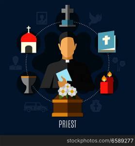 Priest concept set with funeral church and cemetery flat vector illustration. Priest Concept Set