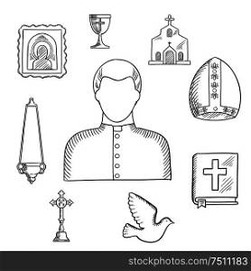 Priest profession with sketches of mature man, surrounded by the Bible, cross, bowl and candelabra, icon and church or temple, mitre and dove bird. Priest and religious icons or symbols, sketch