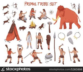 Primal Tribe People Icons Set. Primal tribe people icons set with weapon and animals flat isolated vector illustration