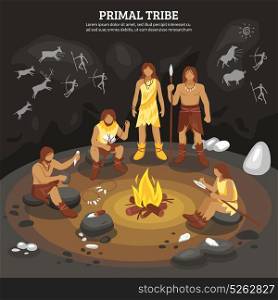 Primal Tribe People Illustration. Primal tribe people with cave painting symbols flat vector ilustration