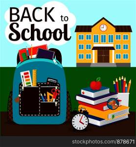 Primary education poster with building, backpack and apple. Back to school vector illustration. Back to school poster