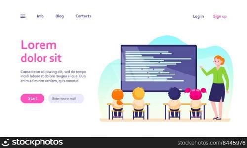 Primary school class. Happy teacher explaining lesson to children at blackboard flat vector illustration. Elementary school, education concept for banner, website design or landing web page