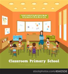 Primary School Classroom Template. Primary school classroom template with pupils and teacher in flat style vector illustration