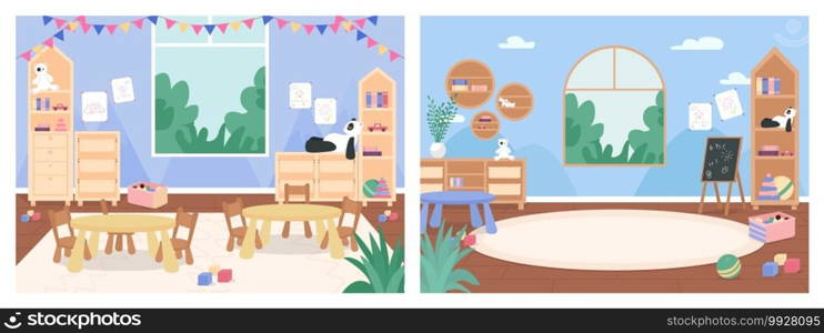Primary school classroom with no people flat color vector illustration set. Playroom with desks, chairs for children. Kindergarten 2D cartoon interior with furniture and toys on background collection. Primary school classroom with no people flat color vector illustration set
