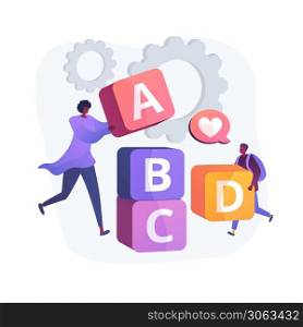 Primary school education. Developing games, entertaining study, elementary grade. Little schoolboy and educator playing with abc blocks. Vector isolated concept metaphor illustration. Developing game vector concept metaphor