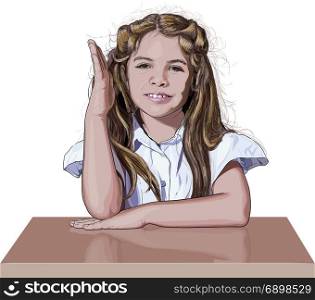 primary school schoolgirl sitting at the desk raised his hand to answer a question. schoolgirl raising her hand