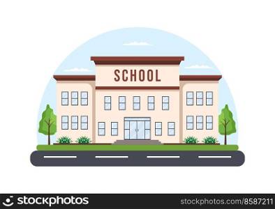 Primary School with Building Structure and Eksterior in Template Hand Drawn Cartoon Flat Illustration