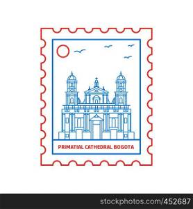 PRIMATIAL CATHEDRAL BOGOTA postage stamp Blue and red Line Style, vector illustration