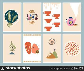 Primitive art wall posters. Boho style cards with abstract elements. Vases with plants, cups and dripping mokko, leaves and dotted sun, vector backgrounds. Illustration of boho page minimalist. Primitive art wall posters. Boho style cards with abstract elements. Vases with plants, cups and dripping mokko, leaves and dotted sun, vector backgrounds