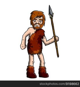 Primitive bearded man with spear. Weapon with stick. Caveman in animal skin. Wild hunter. Cartoon illustration. Primitive bearded man with spear.