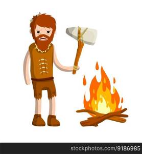 Primitive caveman. Prehistoric hunter. Stone age. Man with an axe or a hammer. Tribal items. Concept of history and archeology. Cartoon flat.. Primitive caveman. Prehistoric hunter.