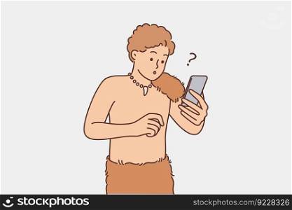 Primitive man with phone is surprised to see modern technology for first time and is shocked by video or music from internet. Primitive man with animal skin on belt holds mobile phone for first time . Primitive man with phone is surprised and shocked to see modern technology for first time