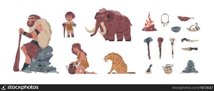 Primitive men. Cartoon prehistoric human family with ancient stone and bone tools. Weapon and extinct animals. Mammoth and saber-toothed tiger. Savage parents with boy. Vector Neanderthal people set. Primitive men. Cartoon prehistoric family with ancient stone and bone tools. Weapon and animals. Mammoth and saber-toothed tiger. Savage parents with boy. Vector Neanderthal people set