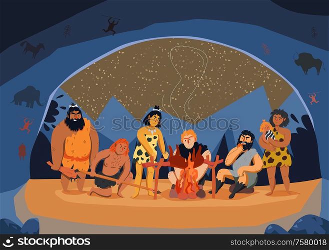 Primitive men family cooking meat on fire in cave cartoon vector illustration