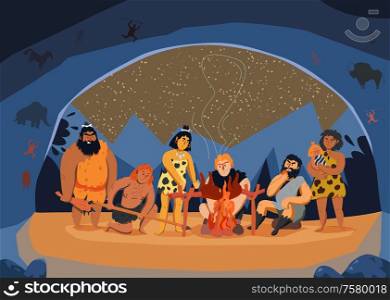 Primitive men family cooking meat on fire in cave cartoon vector illustration