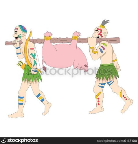 Primitive people are working together to hunt wild boars to eat. vector design illustration art