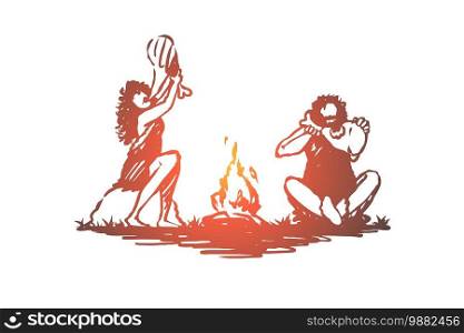 Primitive, people, bonfire, caveman, ancient concept. Hand drawn primitive people eating near bonfire concept sketch. Isolated vector illustration.. Primitive, people, bonfire, caveman, ancient concept. Hand drawn isolated vector.