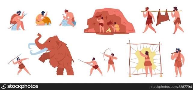 Primitive people life, prehistoric characters hunting mammoth. Caveman making tools and cave art, stone age hunters with weapons vector set. Illustration of character hunting. Primitive people life, prehistoric characters hunting mammoth. Caveman making tools and cave art, stone age hunters with weapons vector set
