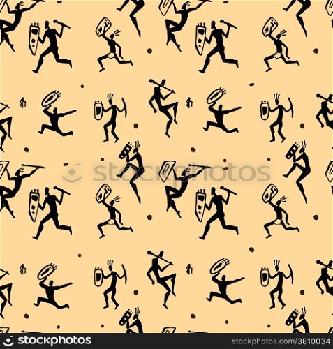 Primitive rock painting. African hunters. Seamless vector pattern.