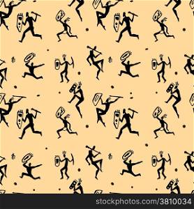 Primitive rock painting. African hunters. Seamless vector pattern.