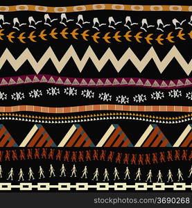 Primitive seamless pattern with silhouettes of birds and humans. Tribal style