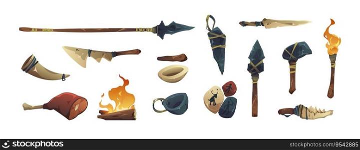 Primitive tools. Ancient stone knife and sharp barbarian rock stick, prehistoric flat weapon and tool icons. Age, civilization and evolution symbols vector set. Hunter or caveman objects. Primitive tools. Ancient stone knife and sharp barbarian rock stick, prehistoric flat weapon and tool icons. Age, civilization and evolution symbols vector set