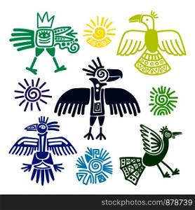 Primitive tribal birds paintings vector illustration. Peru and ecuador indians symbols isolated on white background. Primitive tribal birds paintings