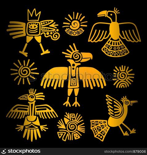 Primitive tribal golden birds paintings on black, vector illustration. Primitive tribal golden birds paintings