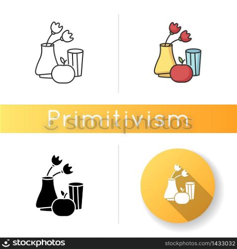 Primitivism icon. Vase and fruit painting in minimalism style. Western modern cultural movement. Still life. Linear black and RGB color styles. Isolated vector illustrations. Primitivism icon