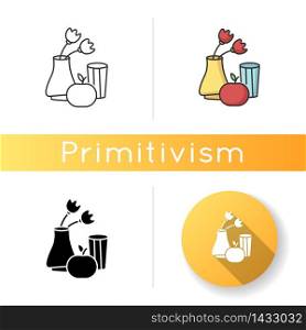 Primitivism icon. Vase and fruit painting in minimalism style. Western modern cultural movement. Still life. Linear black and RGB color styles. Isolated vector illustrations. Primitivism icon